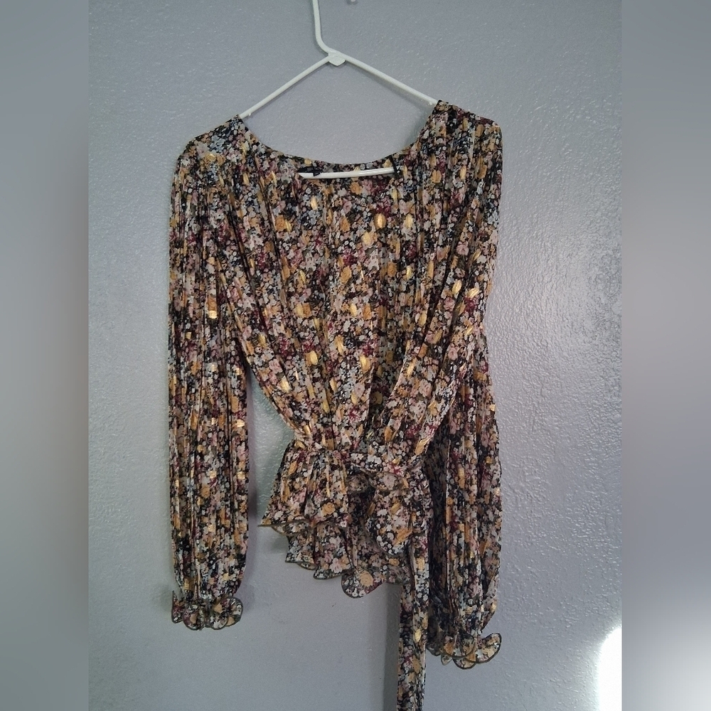 Free People Free The Roses Tie Waist Floral Gold Accent Pleated XS
